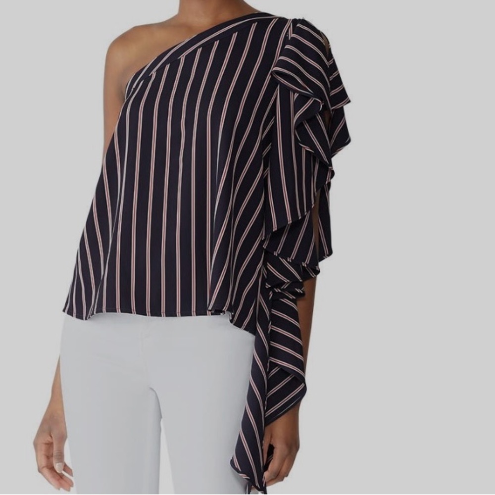 Black and White Asymmetrical Ruffled Blouse